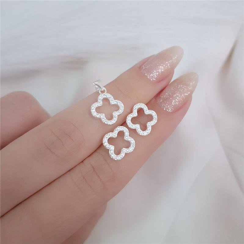 CONJUNTO PRATA 925 BRINCO PINGENTE TREVO CRAVEJADO ZIRCÔNIA