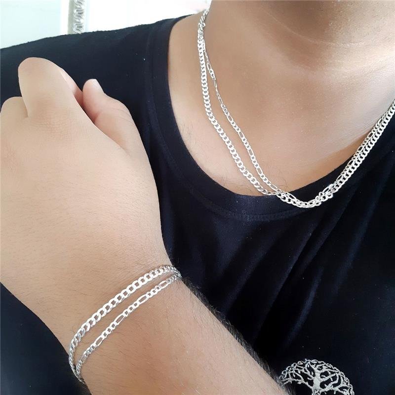 CORRENTE PRATA 925 MASCULINA FÍGARO 3X1 3 MM
