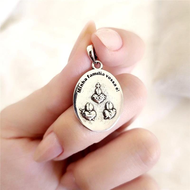 MEDALHA PRATA 925 SAGRADA FAMÍLIA TRÊS CORAÇÕES G