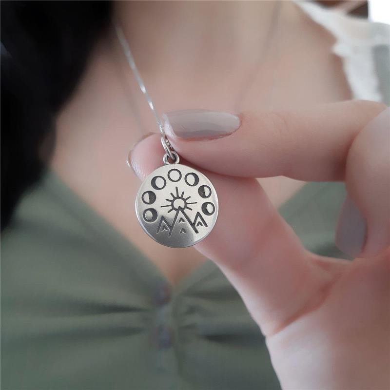 PINGENTE PRATA 925 CÍRCULO FASES DA LUA, SOL E MONTANHA
