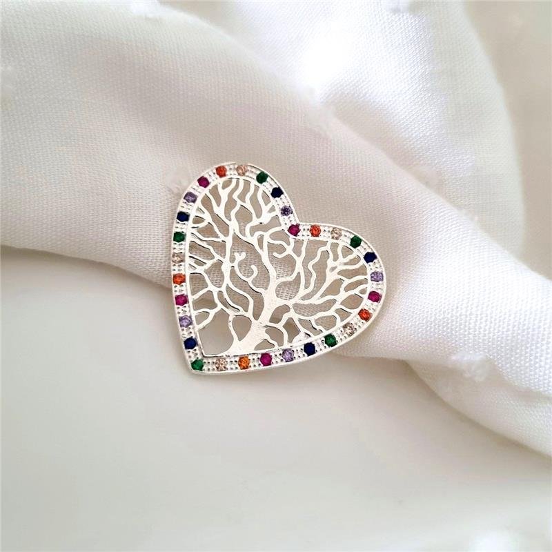 PINGENTE PRATA 925 CORAÇÃO ÁRVORE COM PEDRAS COLORIDAS