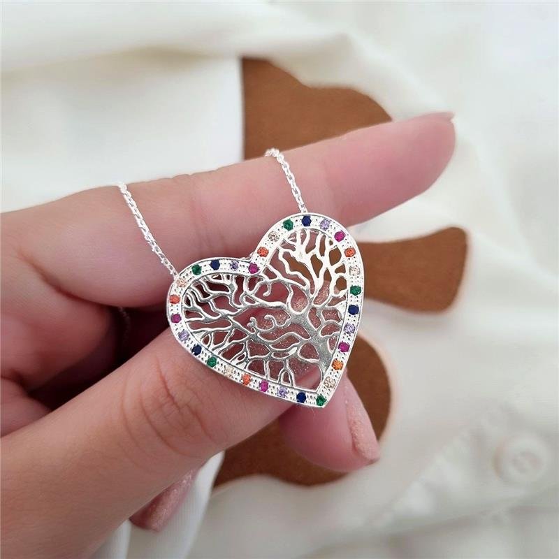 PINGENTE PRATA 925 CORAÇÃO ÁRVORE COM PEDRAS COLORIDAS