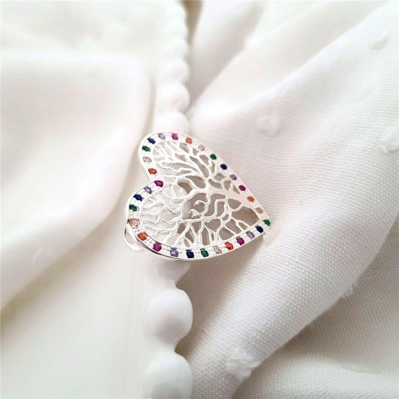 PINGENTE PRATA 925 CORAÇÃO ÁRVORE COM PEDRAS COLORIDAS