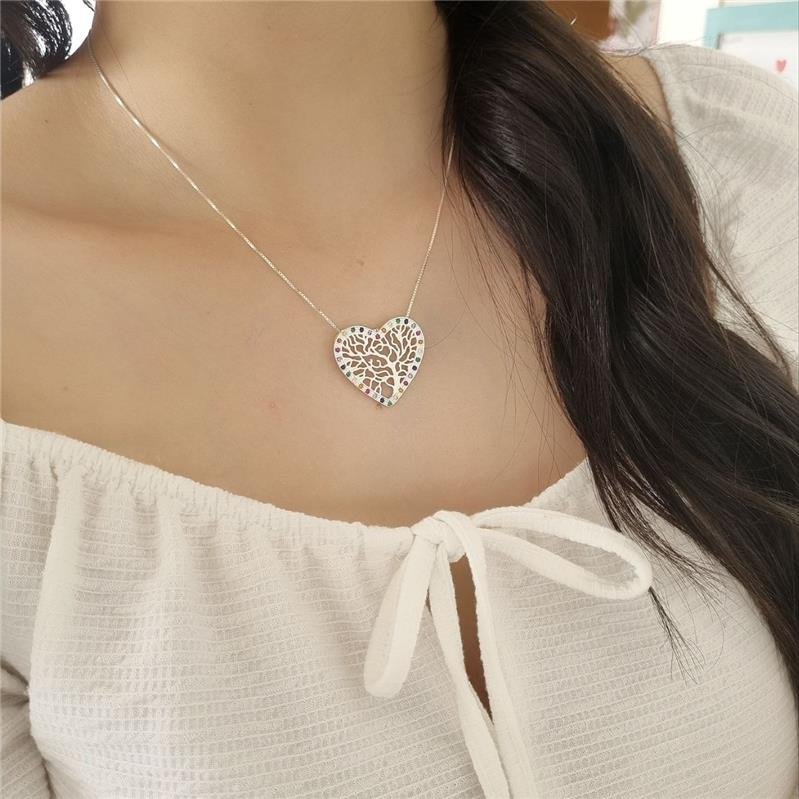 PINGENTE PRATA 925 CORAÇÃO ÁRVORE COM PEDRAS COLORIDAS