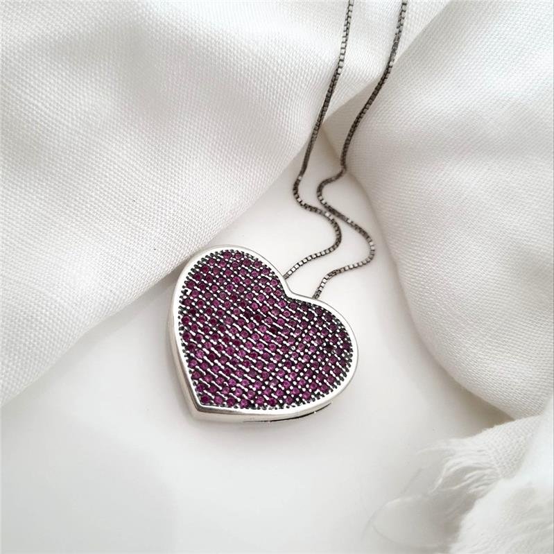 PINGENTE PRATA 925 CORAÇÃO GRANDE CRAVEJADO ROSA