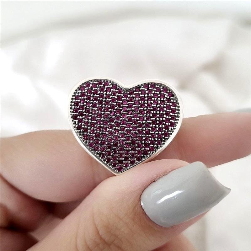 PINGENTE PRATA 925 CORAÇÃO GRANDE CRAVEJADO ROSA