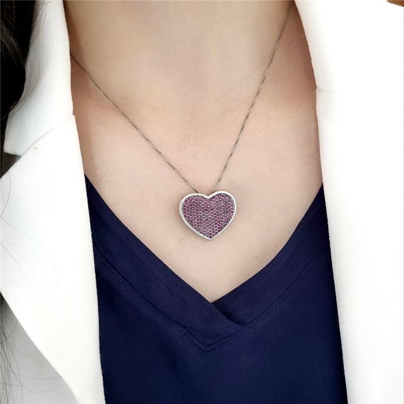 PINGENTE PRATA 925 CORAÇÃO GRANDE CRAVEJADO ROSA