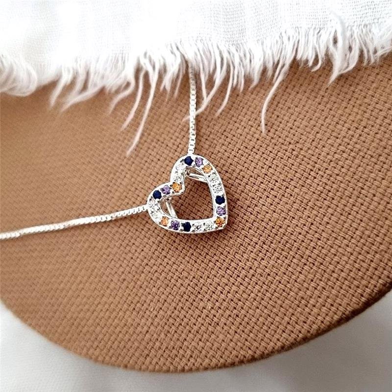 PINGENTE PRATA 925 CORAÇÃO PEDRAS COLORIDAS