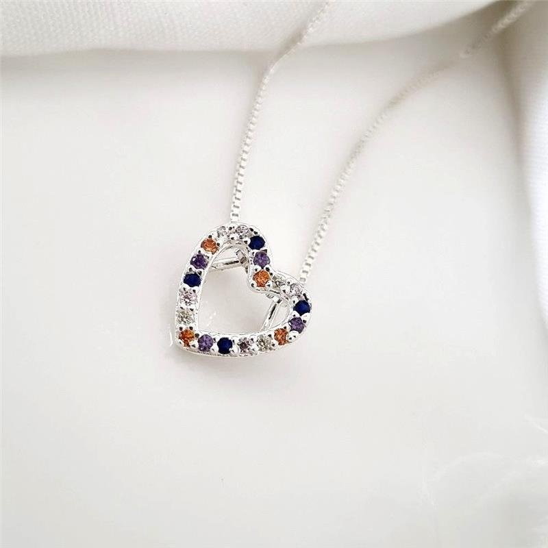 PINGENTE PRATA 925 CORAÇÃO PEDRAS COLORIDAS