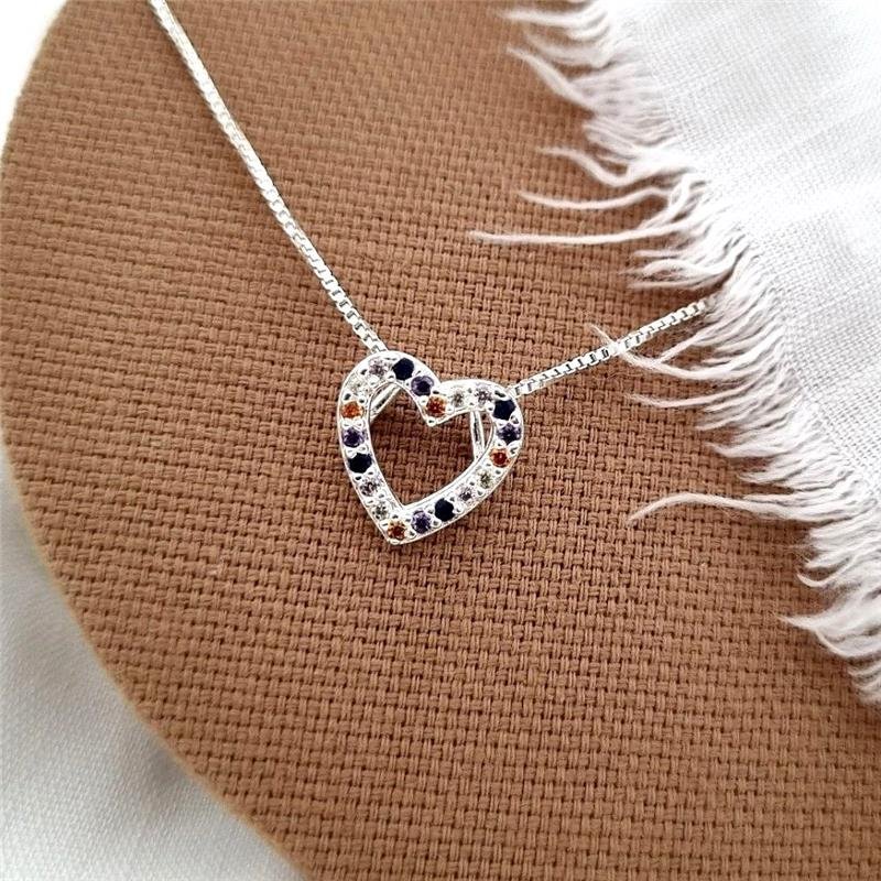 PINGENTE PRATA 925 CORAÇÃO PEDRAS COLORIDAS