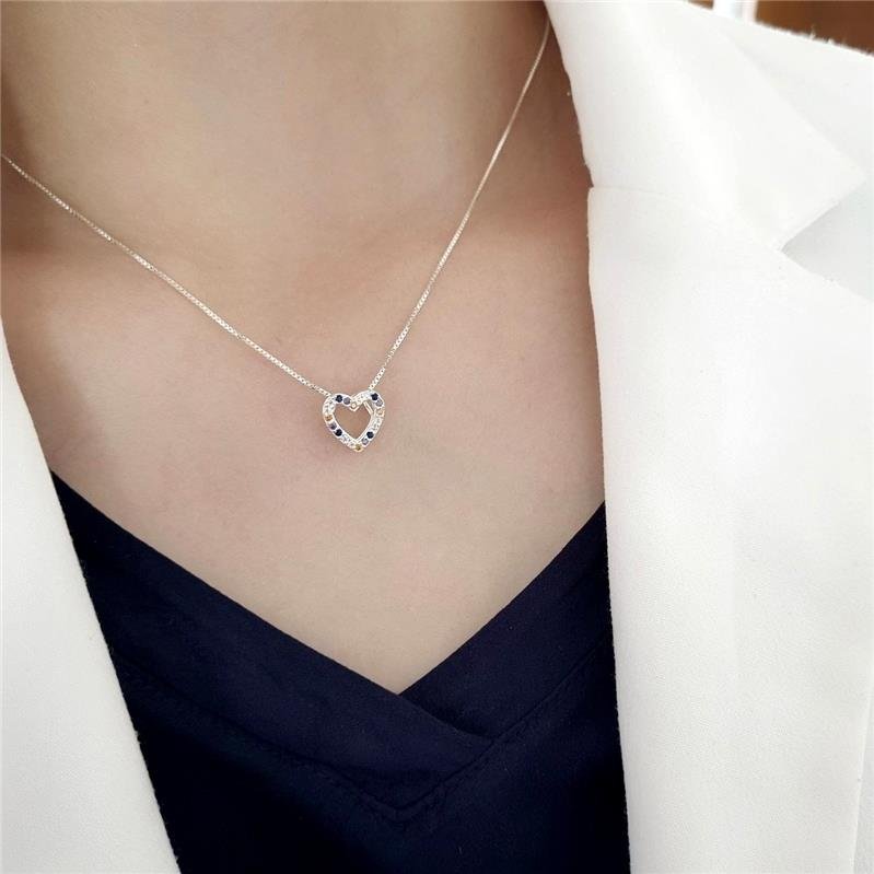 PINGENTE PRATA 925 CORAÇÃO PEDRAS COLORIDAS