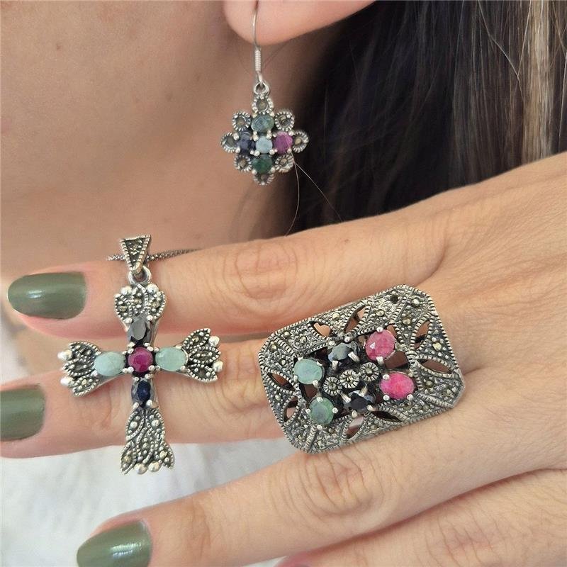 PINGENTE PRATA 925 CRUCIFIXO PEDRAS NATURAIS