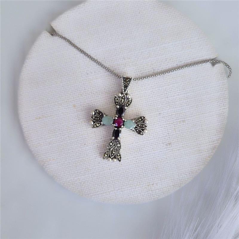 PINGENTE PRATA 925 CRUCIFIXO PEDRAS NATURAIS