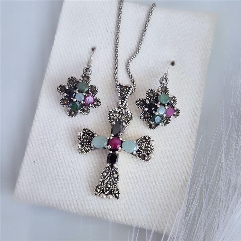 PINGENTE PRATA 925 CRUCIFIXO PEDRAS NATURAIS