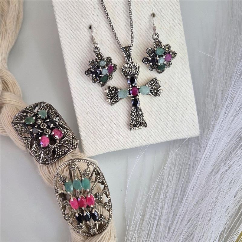 PINGENTE PRATA 925 CRUCIFIXO PEDRAS NATURAIS