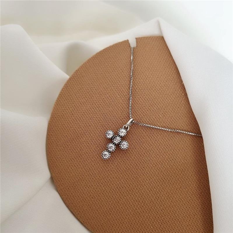 PINGENTE PRATA 925 CRUZ BOLINHAS COM PEDRA