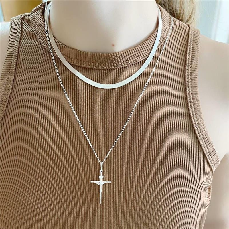 PINGENTE PRATA 925 CRUZ FINA COM CRISTO 