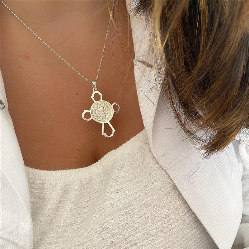 PINGENTE PRATA 925 CRUZ MEDALHA SÃO BENTO VAZADA