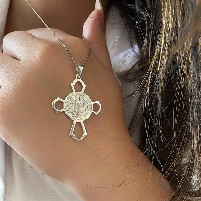 PINGENTE PRATA 925 CRUZ MEDALHA SÃO BENTO VAZADA