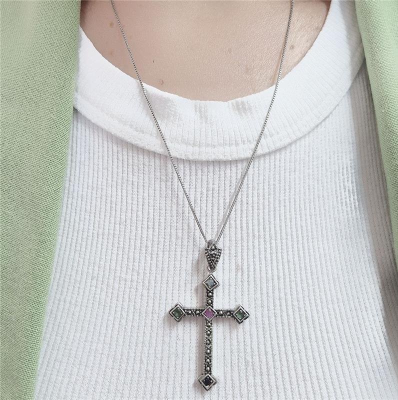 PINGENTE PRATA 925 CRUZ PEDRAS NATURAIS