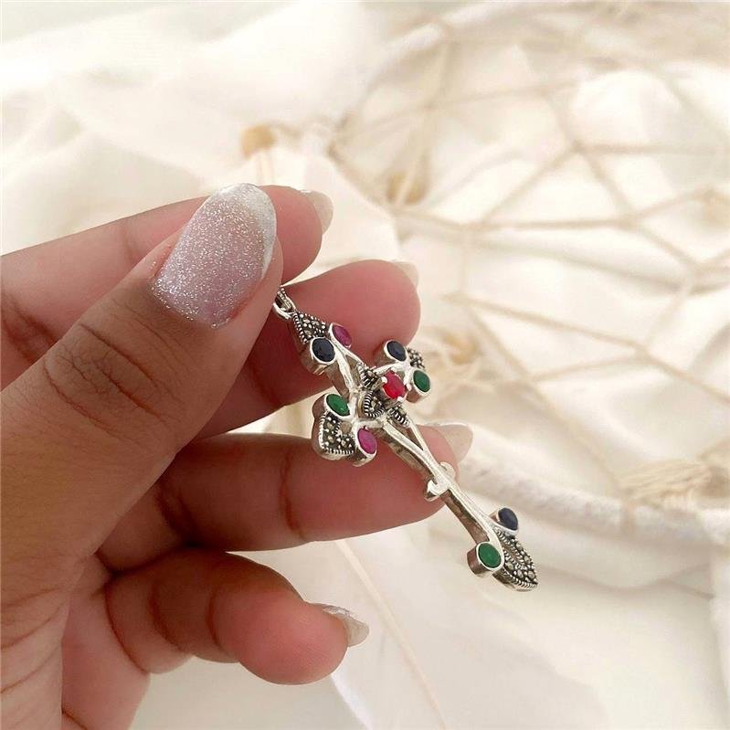 PINGENTE PRATA 925 CRUZ TRABALHADA COM PEDRAS