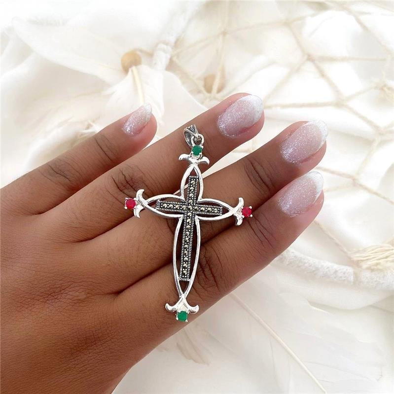 PINGENTE PRATA 925 CRUZ TRABALHADA COM PEDRAS