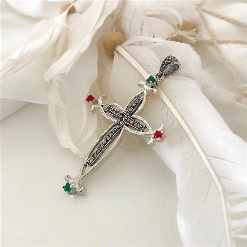 PINGENTE PRATA 925 CRUZ TRABALHADA COM PEDRAS