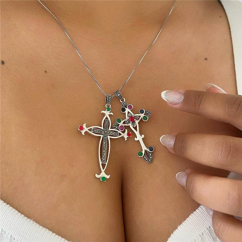 PINGENTE PRATA 925 CRUZ TRABALHADA COM PEDRAS