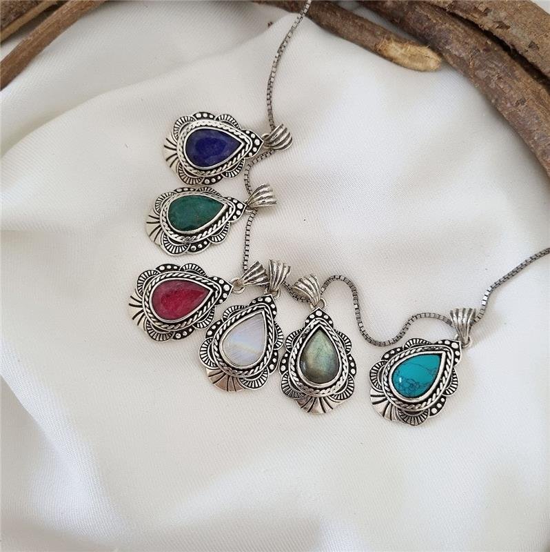 PINGENTE PRATA 925 GOTA DE PEDRA NATURAL