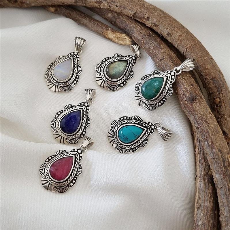 PINGENTE PRATA 925 GOTA DE PEDRA NATURAL