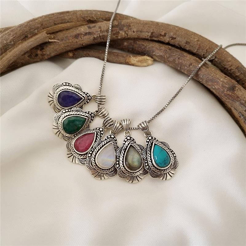 PINGENTE PRATA 925 GOTA DE PEDRA NATURAL