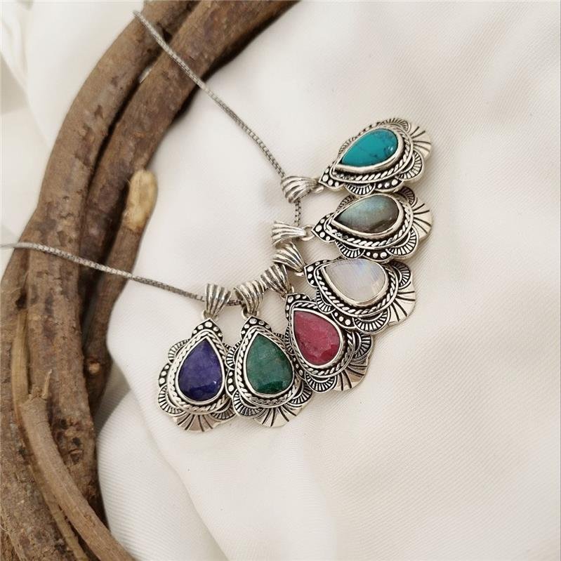 PINGENTE PRATA 925 GOTA DE PEDRA NATURAL