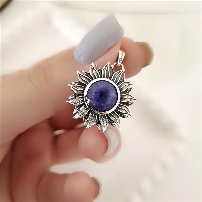 PINGENTE PRATA 925 LUXO FLOR SOL PEDRA SAFIRA