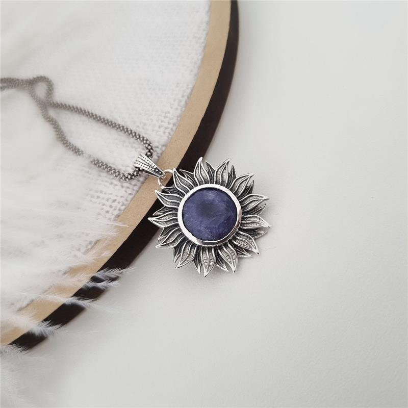 PINGENTE PRATA 925 LUXO FLOR SOL PEDRA SAFIRA
