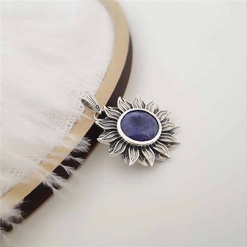 PINGENTE PRATA 925 LUXO FLOR SOL PEDRA SAFIRA