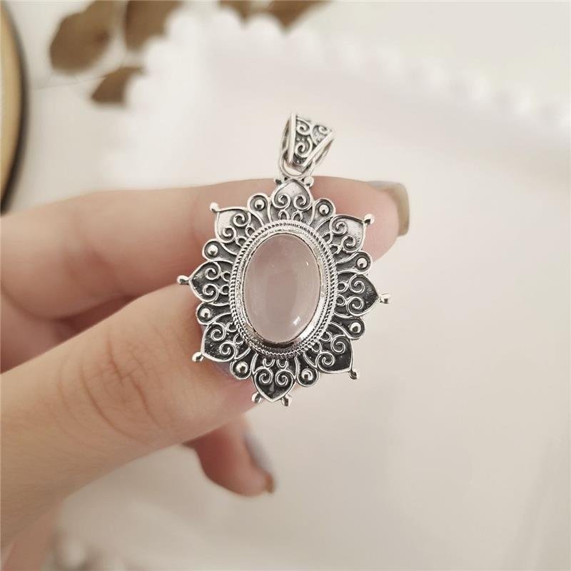 PINGENTE PRATA 925 LUXO OVAL FLOR QUARTZO ROSA