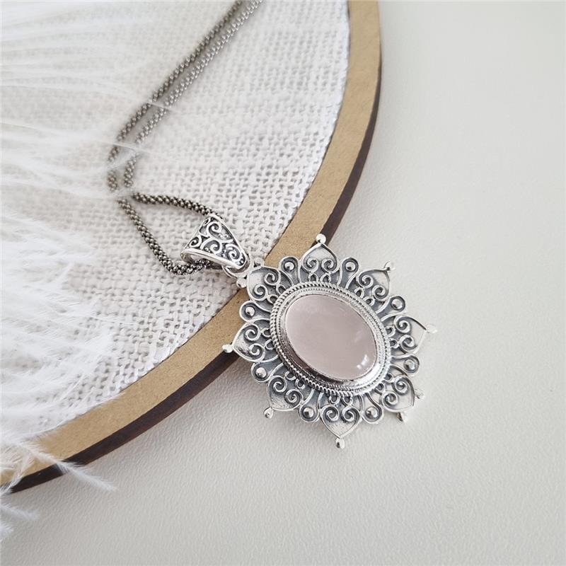 PINGENTE PRATA 925 LUXO OVAL FLOR QUARTZO ROSA