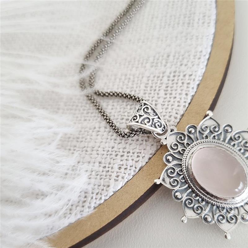 PINGENTE PRATA 925 LUXO OVAL FLOR QUARTZO ROSA