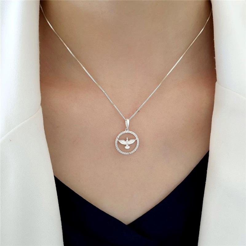 PINGENTE PRATA 925 MEDALHA ESPÍRITO SANTO CRAVEJADA