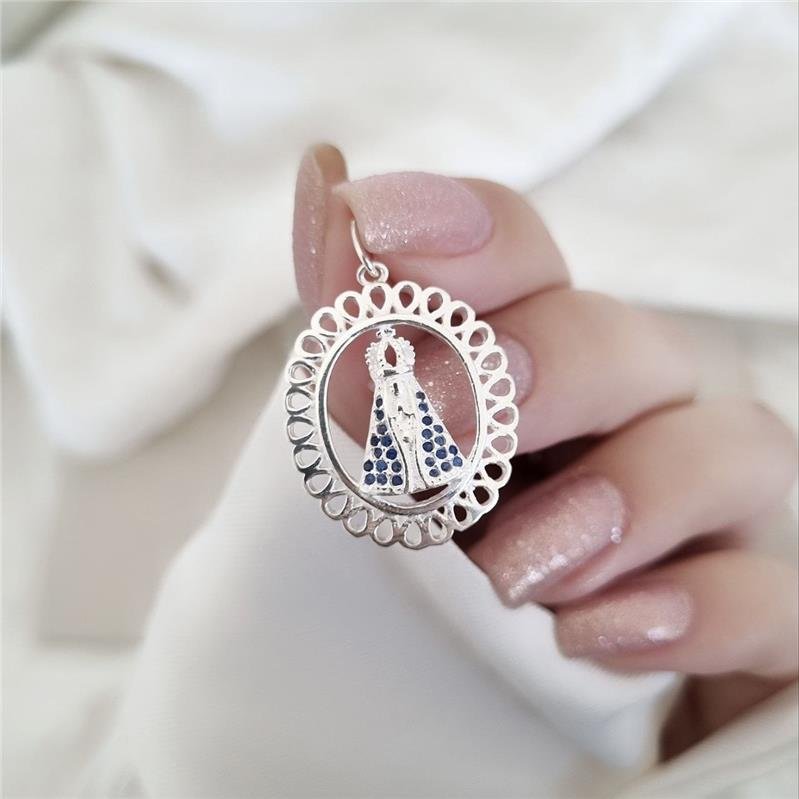 PINGENTE PRATA 925 MEDALHA NOSSA SENHORA APARECIDA AZUL