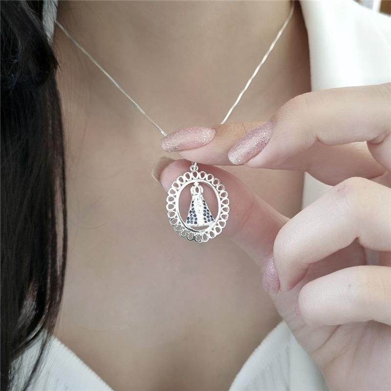 PINGENTE PRATA 925 MEDALHA NOSSA SENHORA APARECIDA AZUL