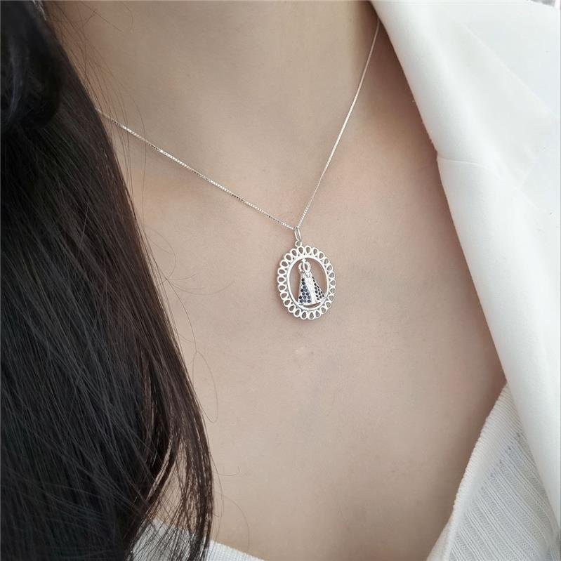 PINGENTE PRATA 925 MEDALHA NOSSA SENHORA APARECIDA AZUL