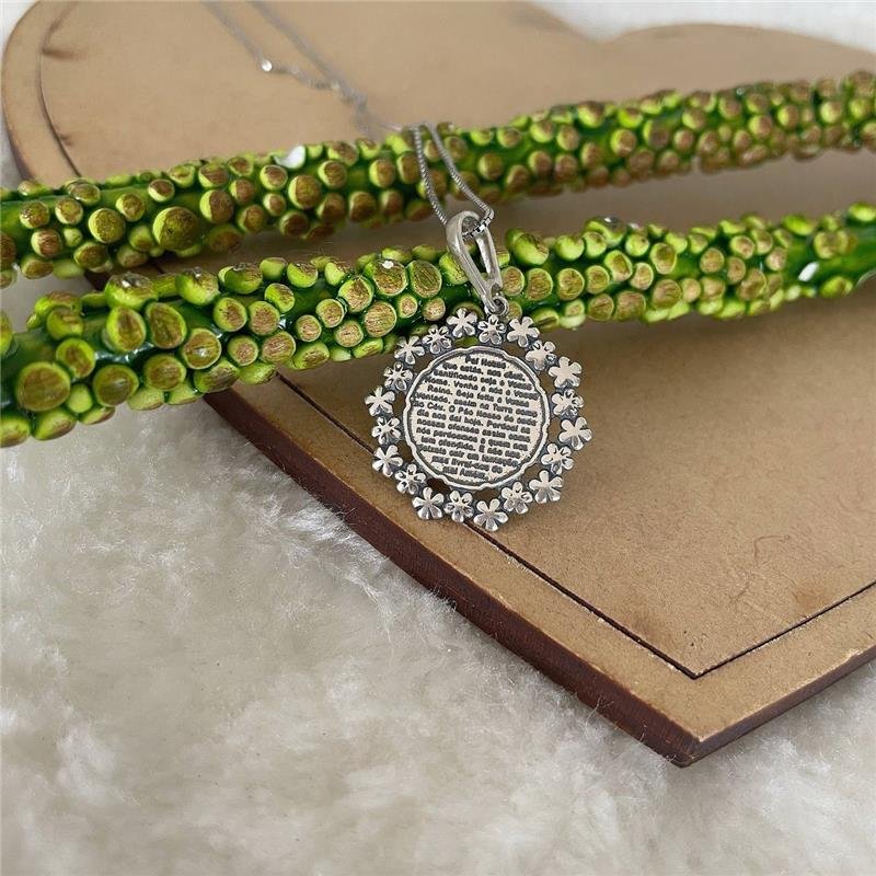 PINGENTE PRATA 925 MEDALHA PAI NOSSO COM FLORES EM VOLTA