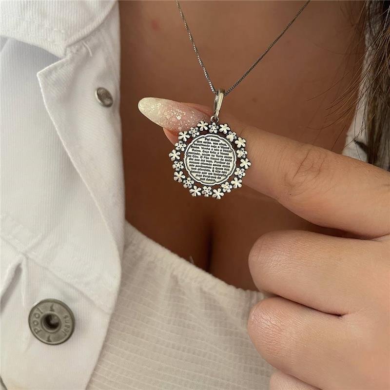 PINGENTE PRATA 925 MEDALHA PAI NOSSO COM FLORES EM VOLTA