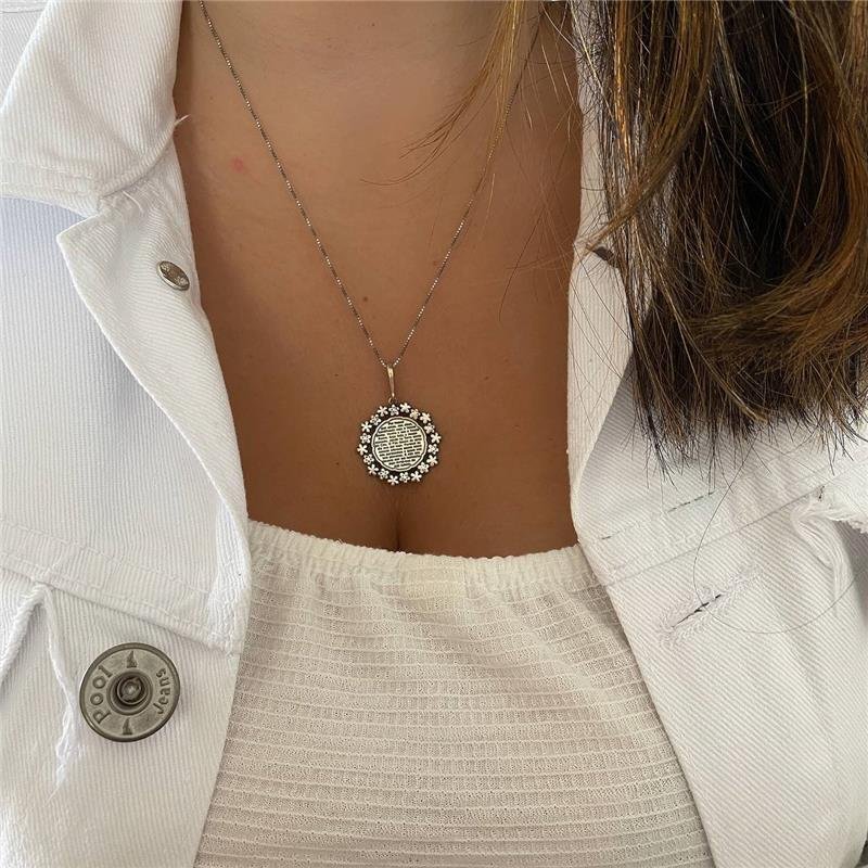 PINGENTE PRATA 925 MEDALHA PAI NOSSO COM FLORES EM VOLTA