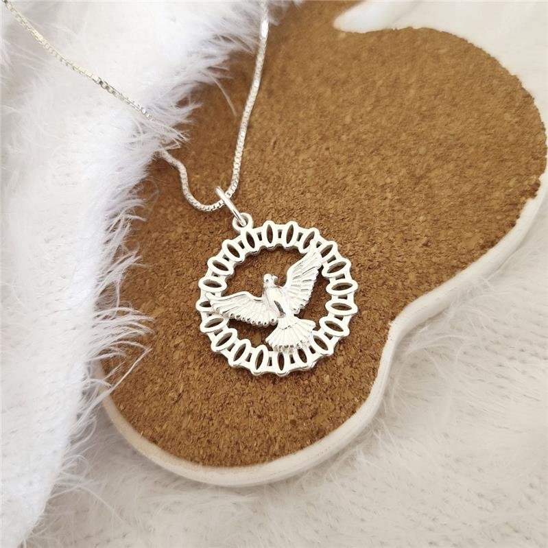 PINGENTE PRATA 925 MEDALHA POMBA ESPÍRITO SANTO