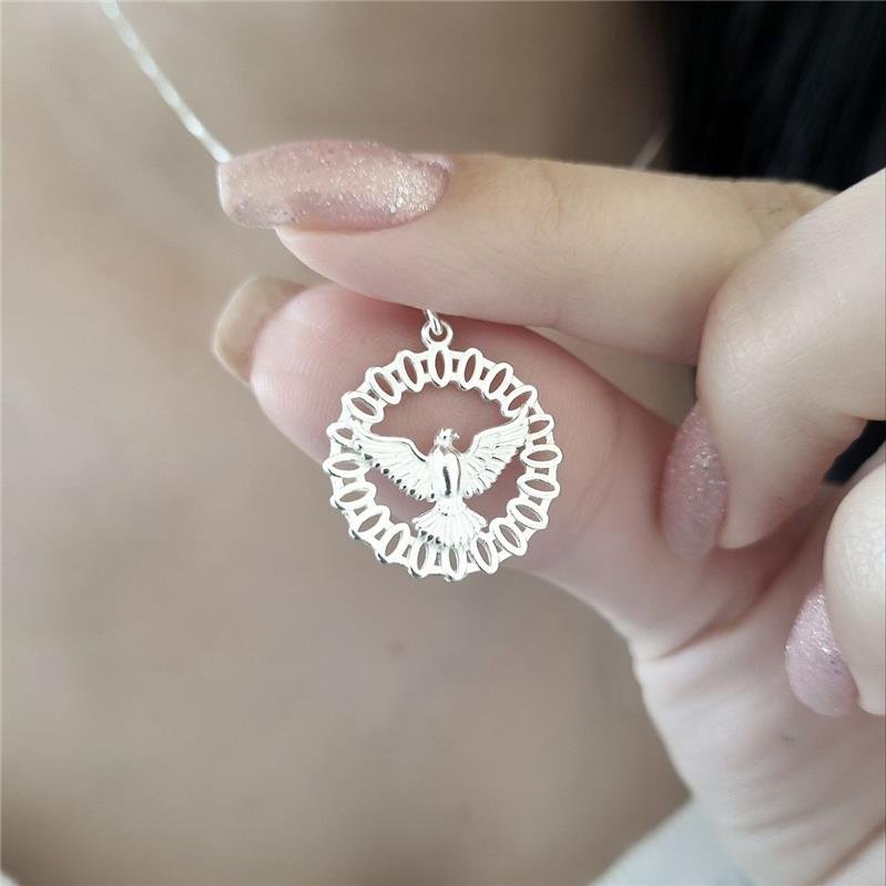 PINGENTE PRATA 925 MEDALHA POMBA ESPÍRITO SANTO