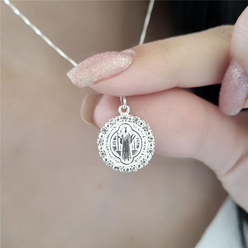 PINGENTE PRATA 925 MEDALHA SÃO BENTO CRAVEJADO