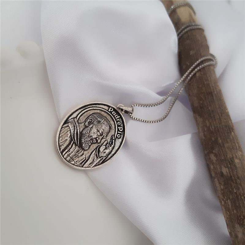 PINGENTE PRATA 925 MEDALHA SÃO PADRE PIO 3 CM