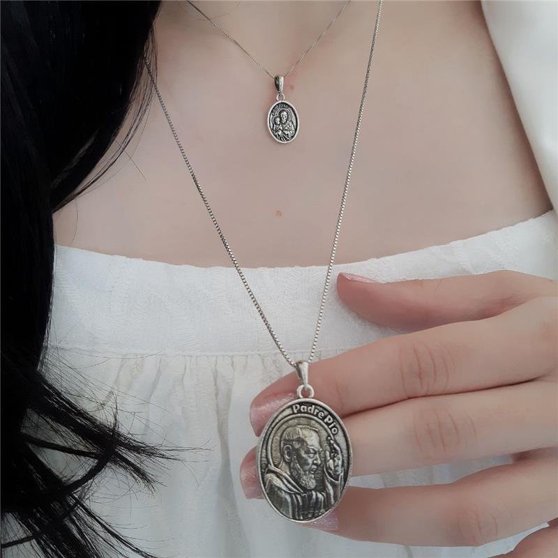 PINGENTE PRATA 925 MEDALHA SÃO PADRE PIO 3 CM